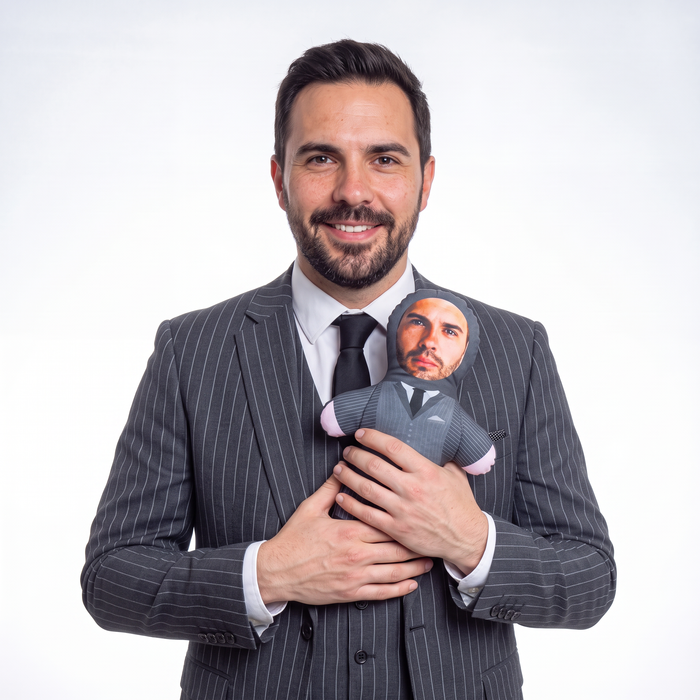 Grey Suit - small 26cm Mini Me held by its owner