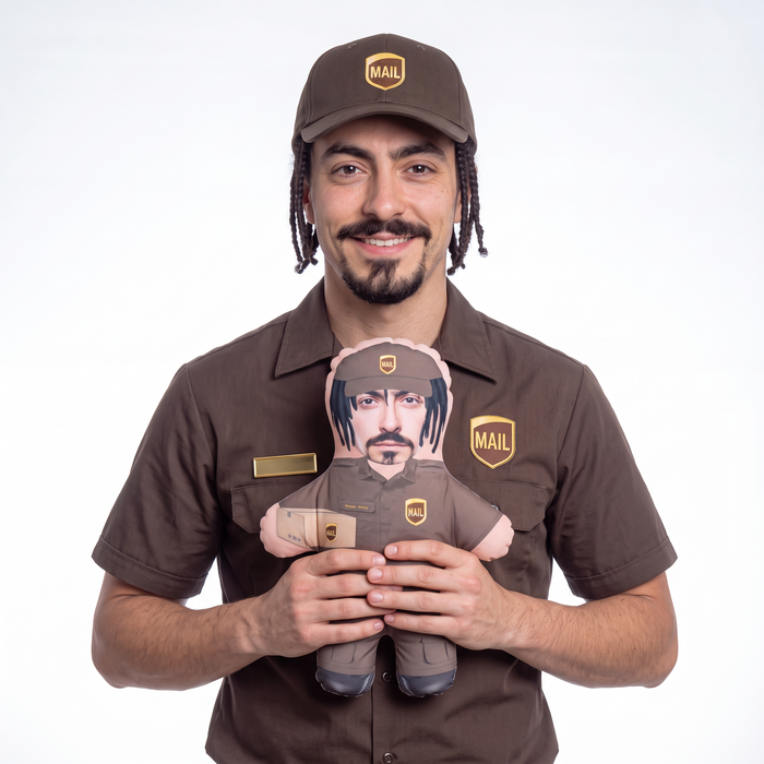 Delivery Worker - Brown - small 26cm Mini Me held by its owner