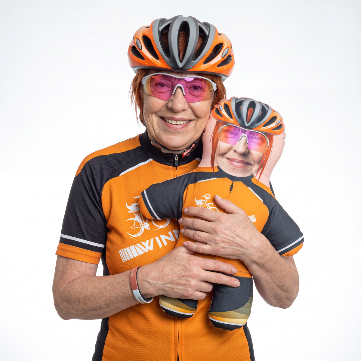 Cyclist - Winner - medium 46cm Mini Me held by its owner