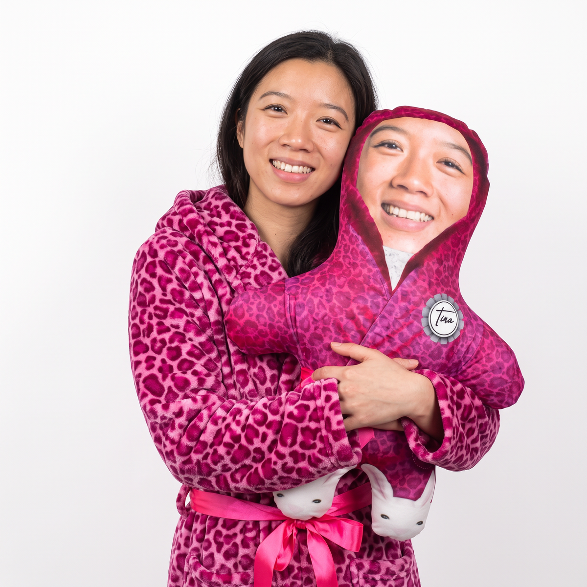 Fluffy Pink Dressing Gown - large 80cm Mini Me held by its owner