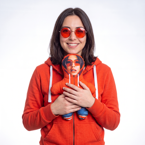 Orange Hoodie - small 26cm Mini Me held by its owner