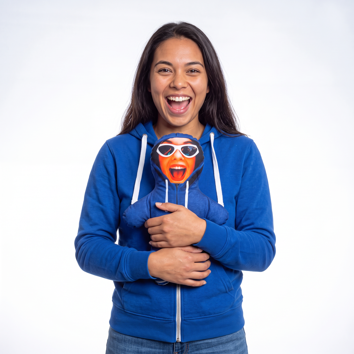 Blue Hoodie - small 26cm Mini Me held by its owner