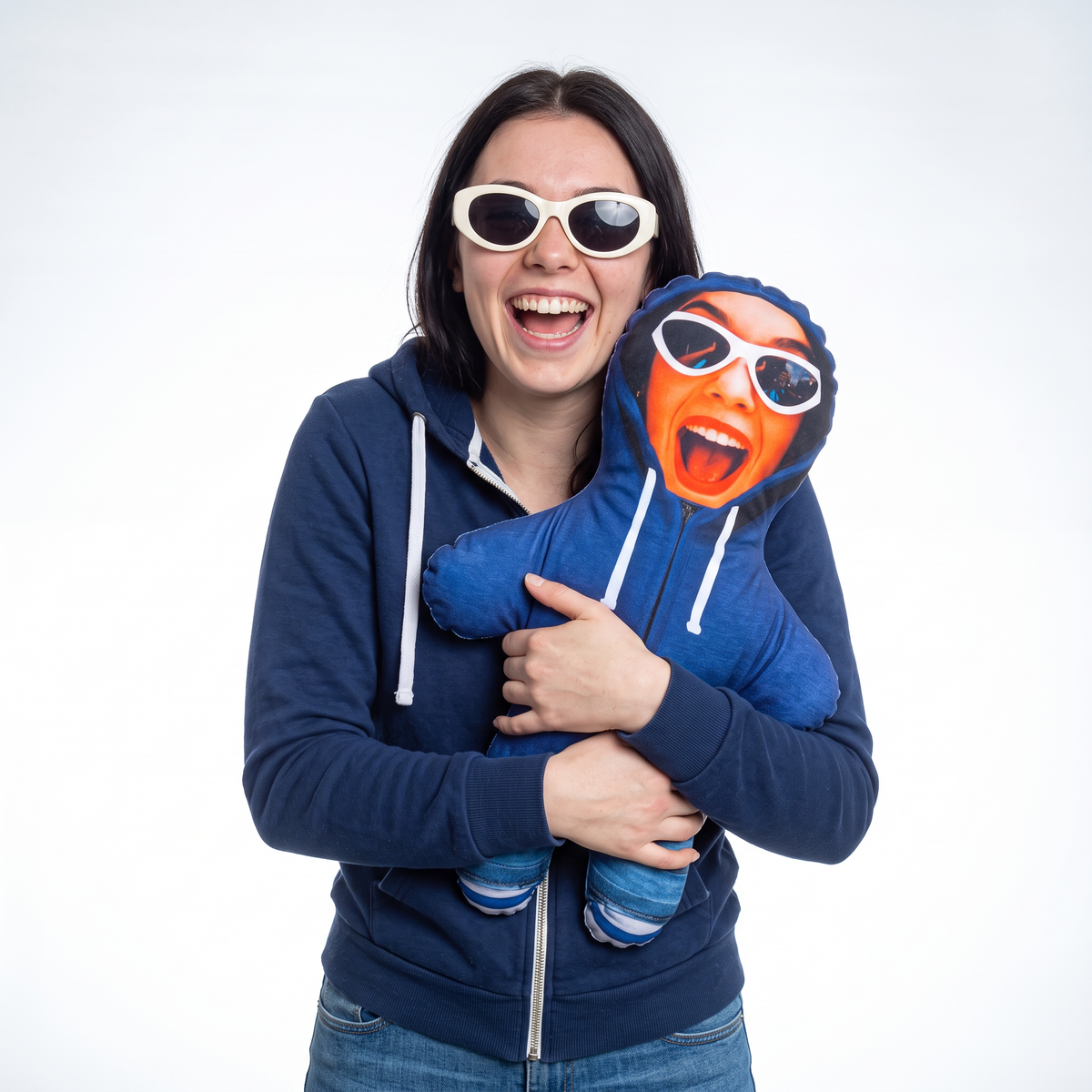 Blue Hoodie - medium 46cm Mini Me held by its owner