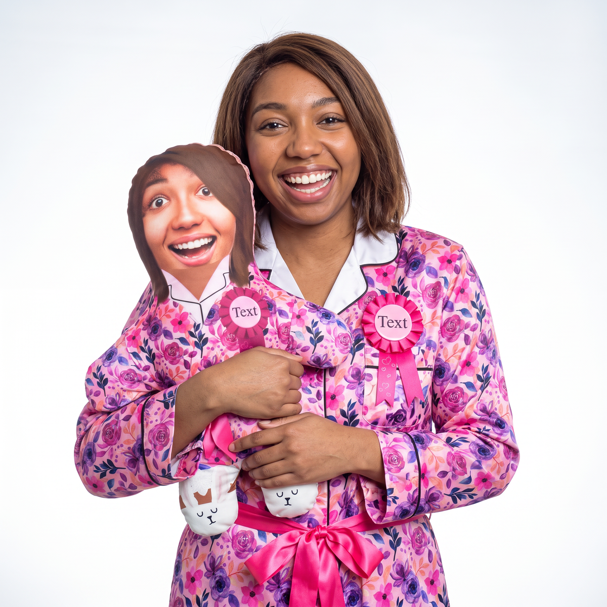 Floral Dressing Gown - Custom Skin Tone and Hair - medium 46cm Mini Me held by its owner