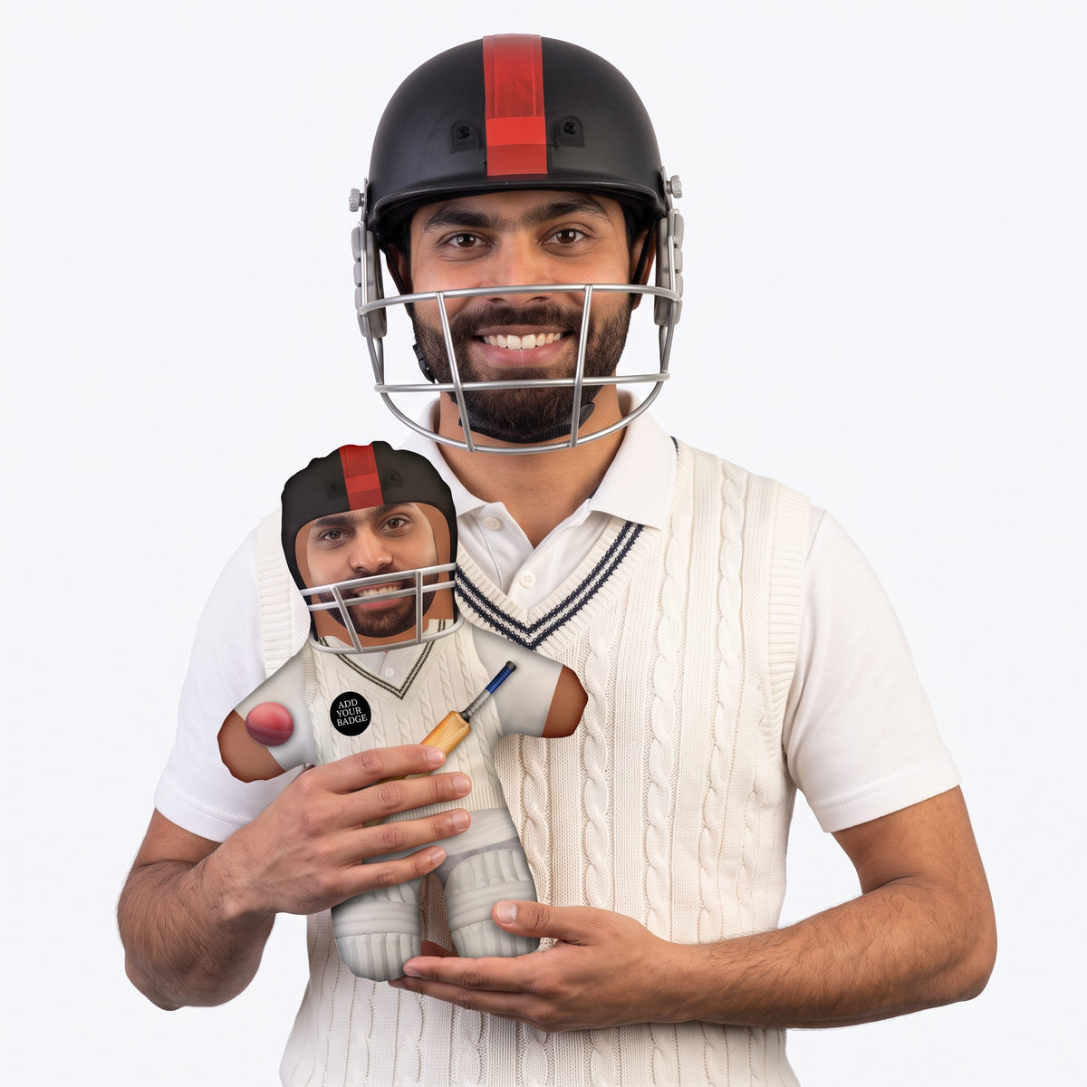 Cricket Player - Add Your Badge - small 26cm Mini Me held by its owner