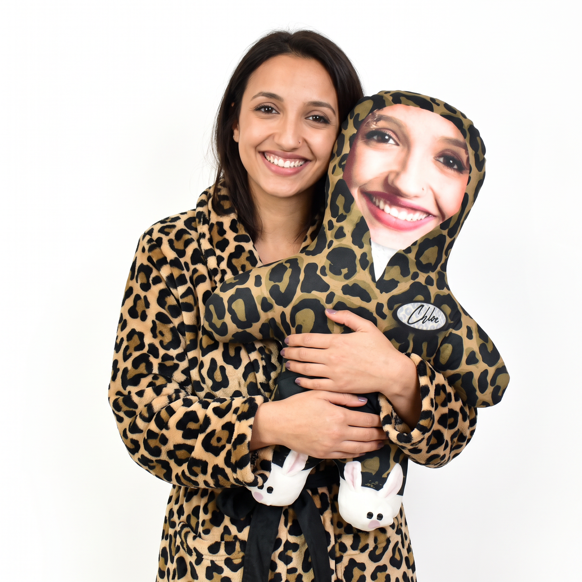 Fluffy Leopard Dressing Gown - large 80cm Mini Me held by its owner