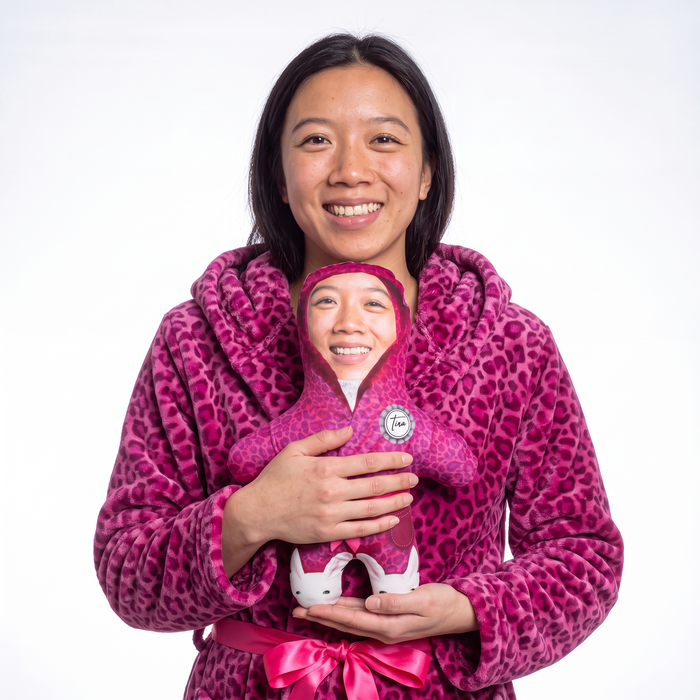 Fluffy Pink Dressing Gown - small 26cm Mini Me held by its owner