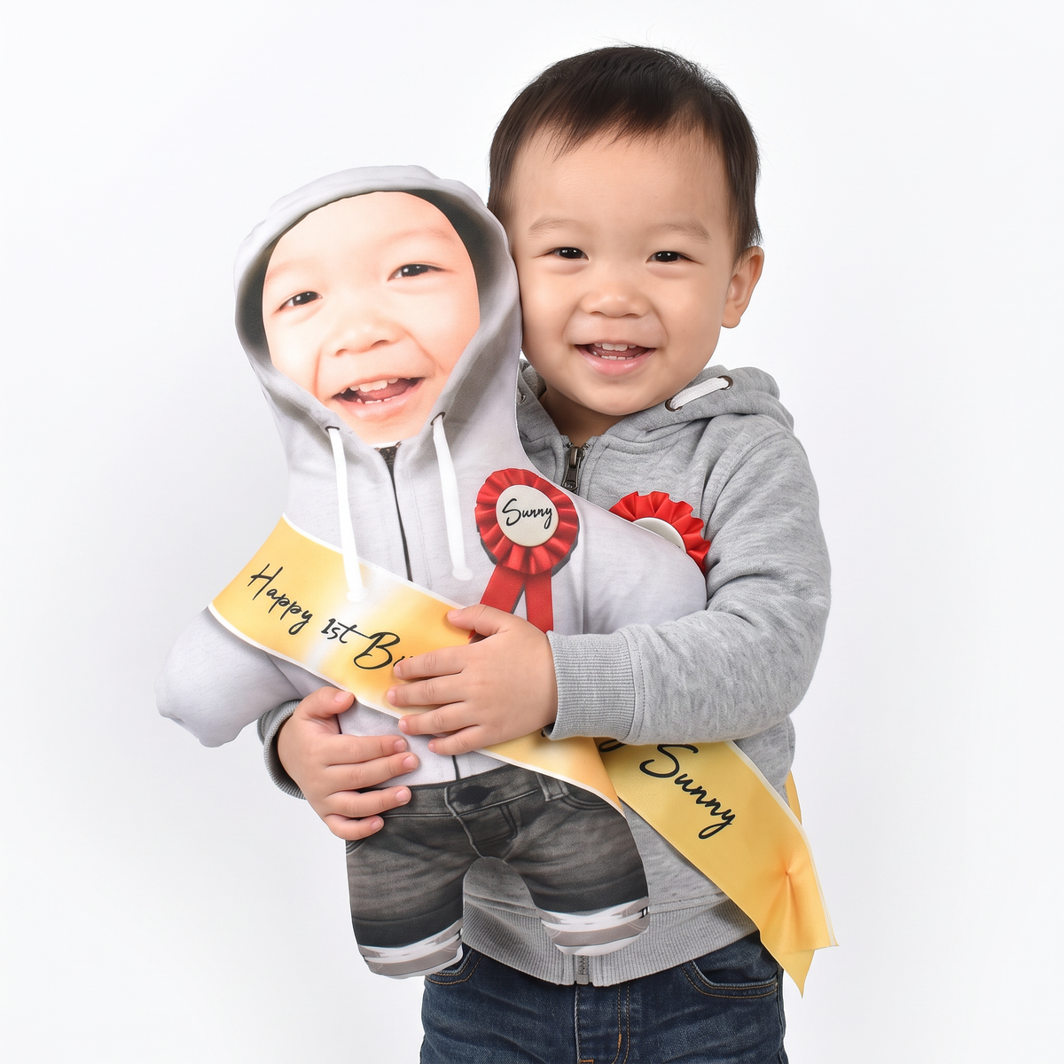 Birthday Sash - Grey Hoodie - medium 46cm Mini Me held by its owner