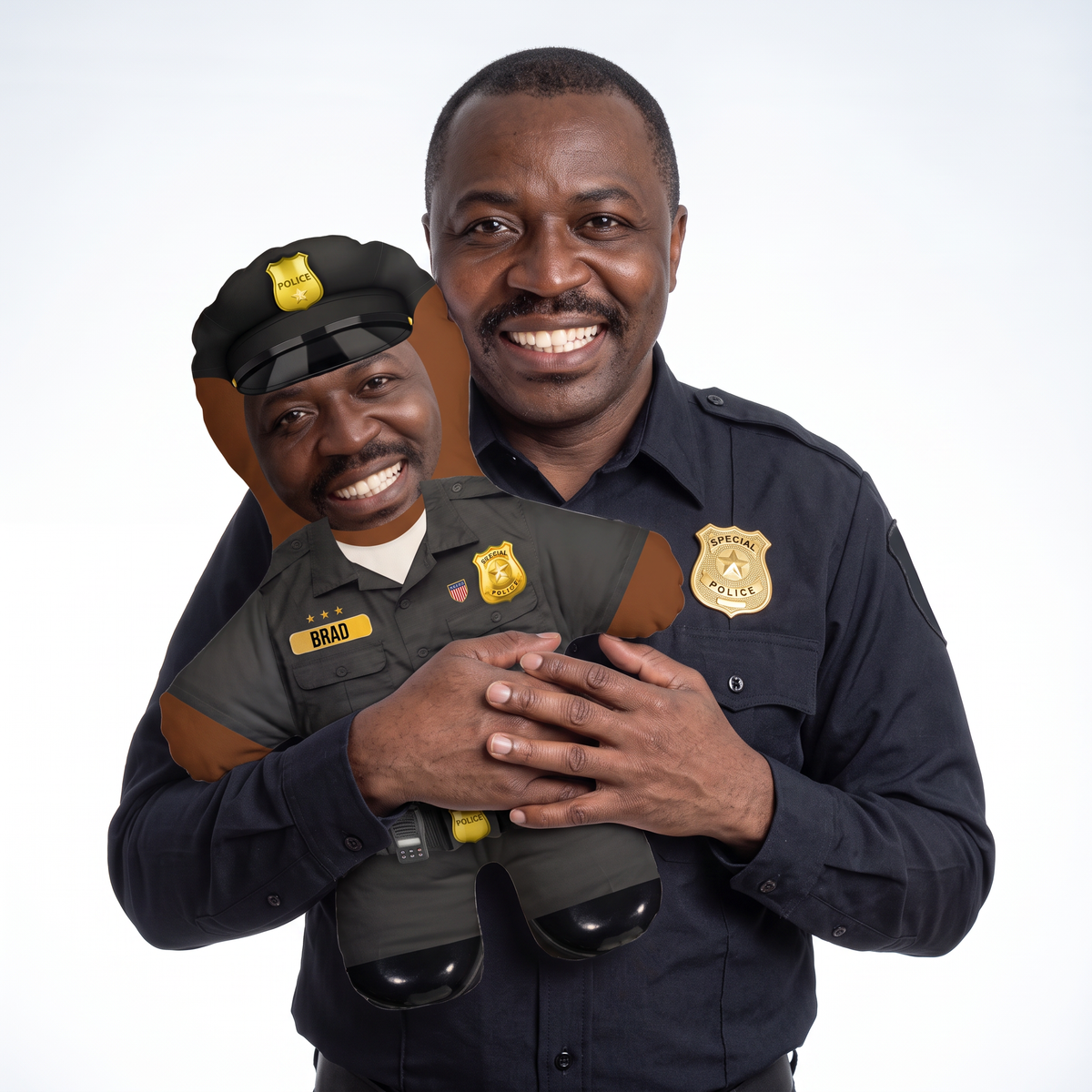 American Police Officer - medium 46cm Mini Me held by its owner