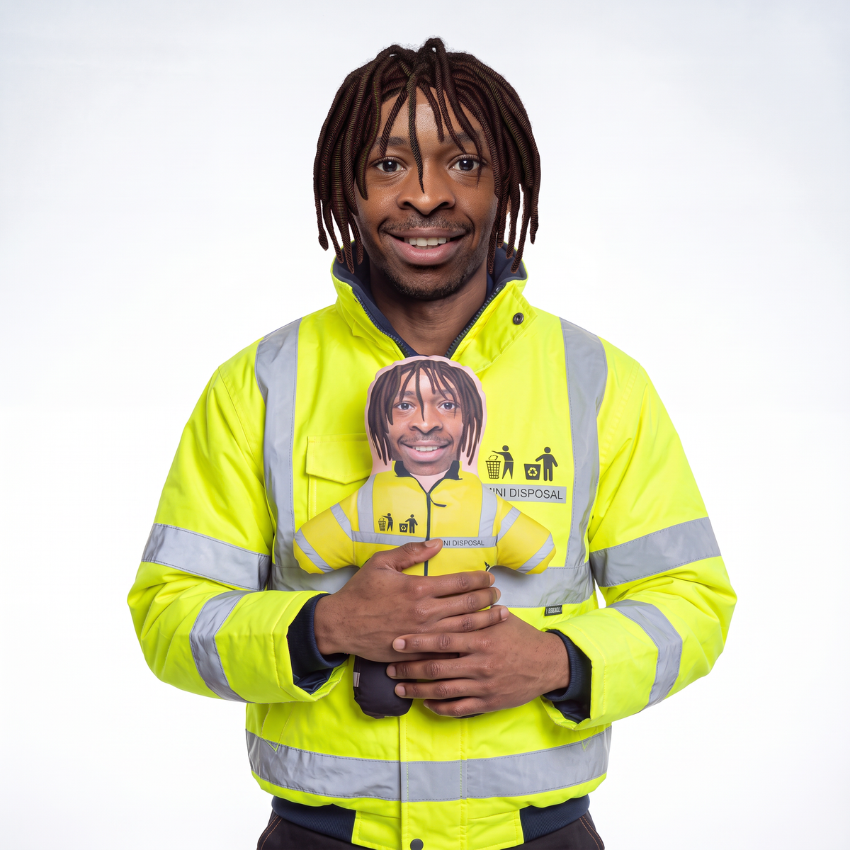 Disposal Bin Worker - small 26cm Mini Me held by its owner