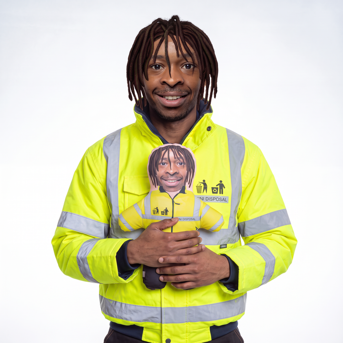Disposal Bin Worker - small 26cm Mini Me held by its owner