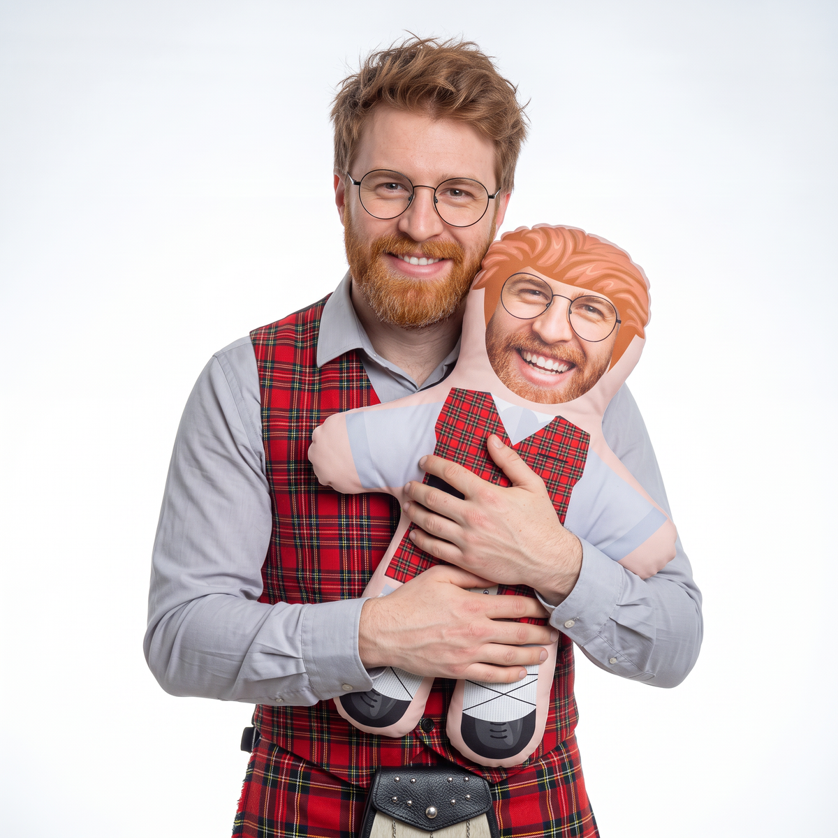 Tartan Outfit - medium 46cm Mini Me held by its owner