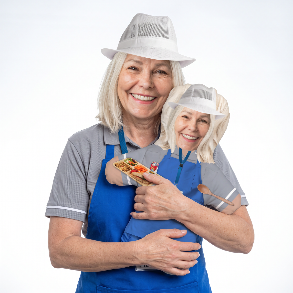 Dinner Lady Or Man - medium 46cm Mini Me held by its owner