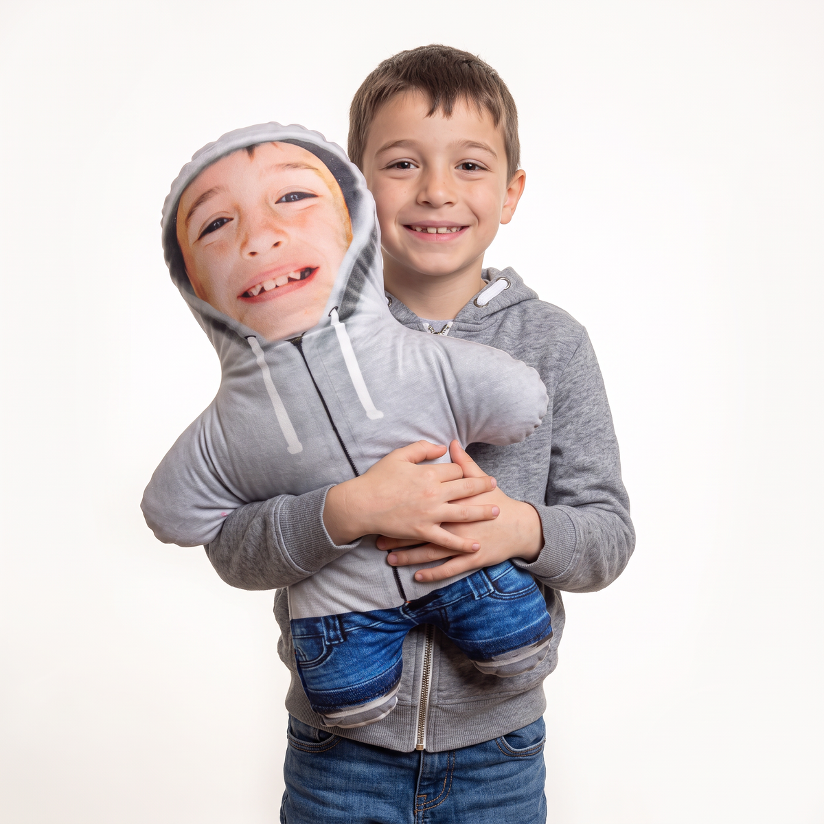 Grey Hoodie - large 80cm Mini Me held by its owner